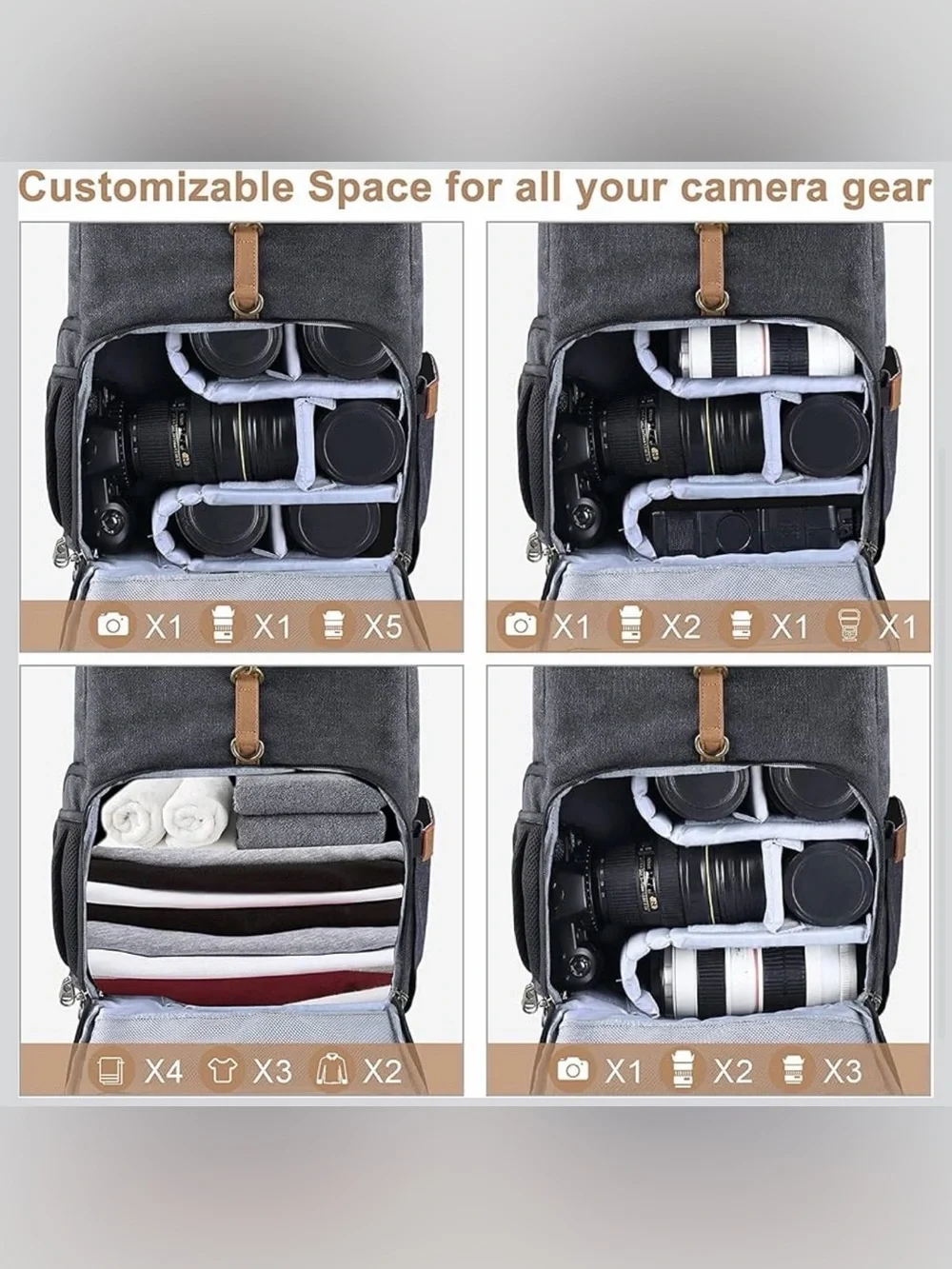 Endurax Leather Strap Camera Backpack Bag Waterproof Waxed Canvas - Dark Gray